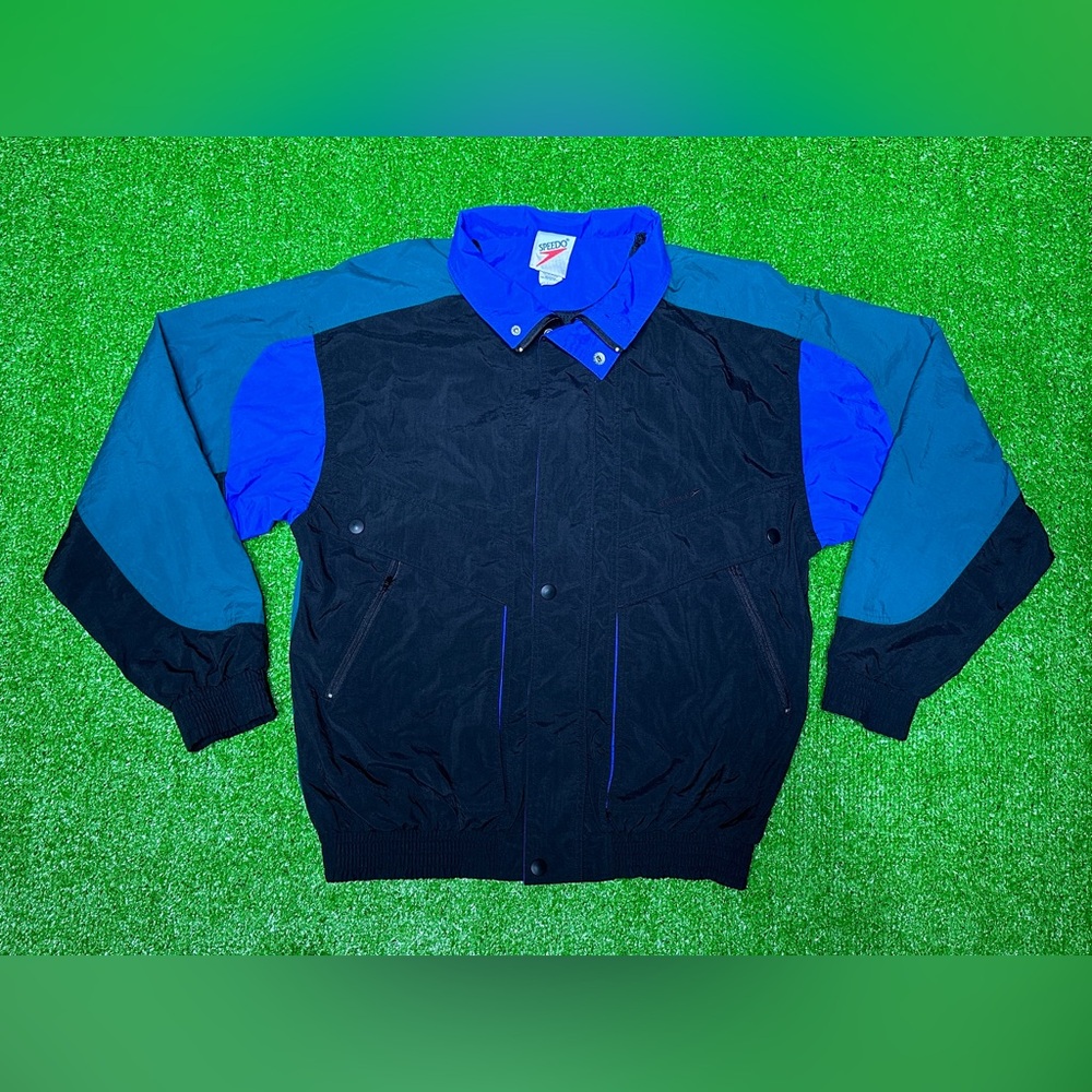 Vintage Speedo Men's Windbreak Zip Up Jacket Size S - Black Green Blue - Nylon